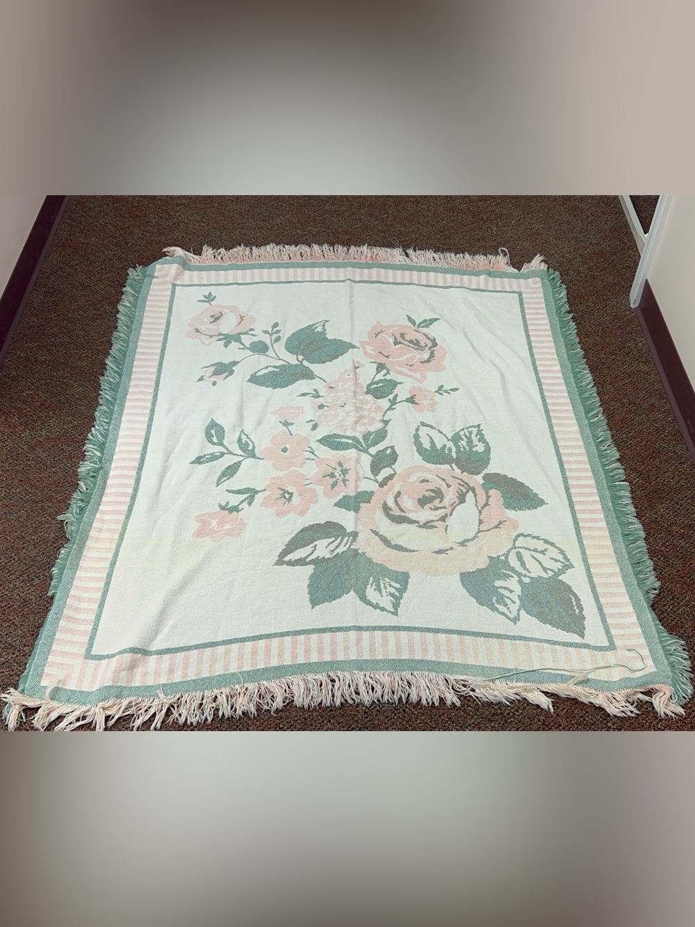 Rose Floral Throw Blanket in Mint and Pink Lightweight Decorative Blanket